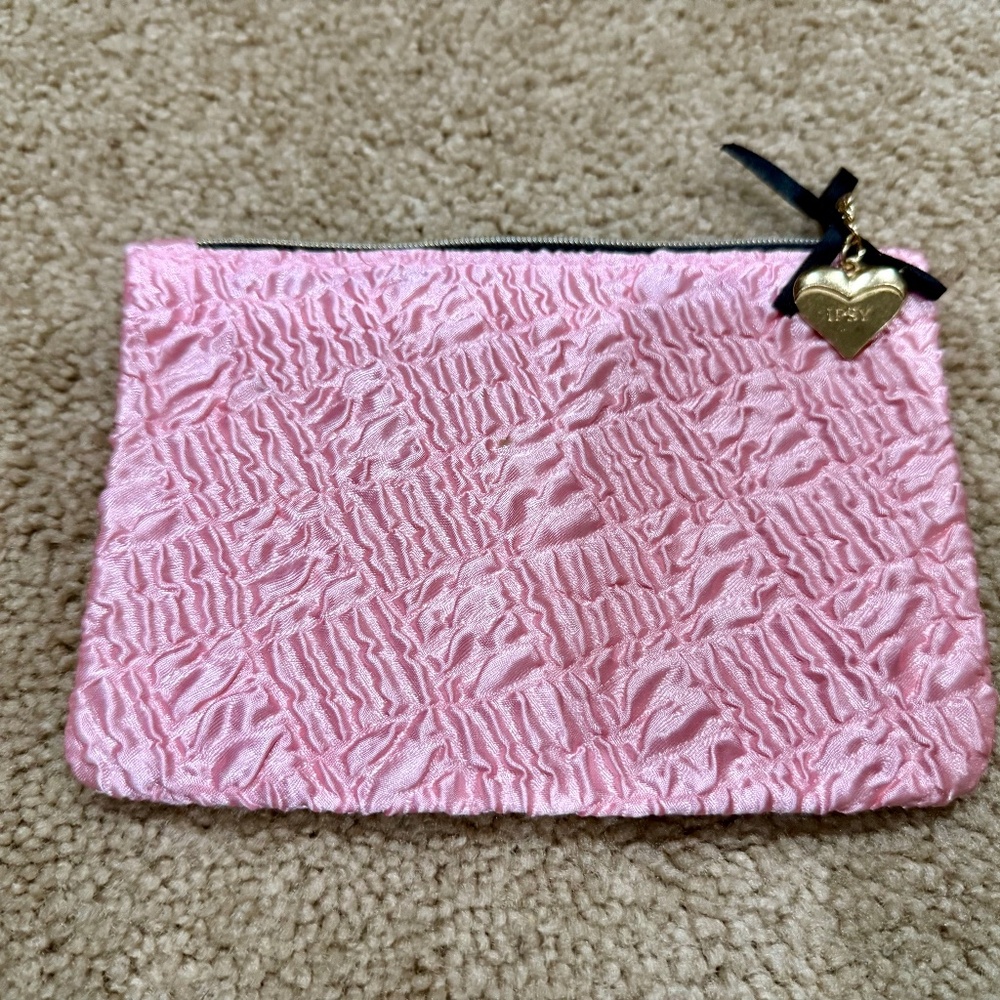 Ipsy Pink Satin Ruched Makeup Bag Toiletry Bag Pencil Pouch Trap Sack